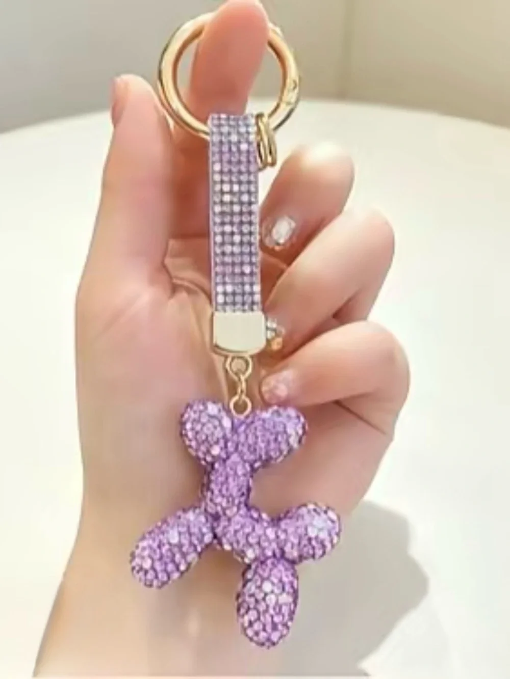 Purple Crystal Balloon Dog Keychain w/Matching Crystal Strap